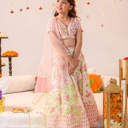 Pspeaches Half Sleeves Printed Frilled Detailed Lehenga Choli With Dupatta - Off White-image-89