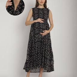 Moms Maternity Sleeveless Floral Printed Dress With Nursing Access - Black-image-56