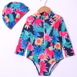 KIDLINGSS Full Sleeves Tropical Floral  Printed V Cut Swimsuit With Cap - Multi Colour-image-69