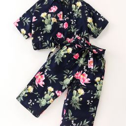 CrayonFlakes Rayon Half Sleeves Floral Printed Top & Belted Palazzo Set - Navy-picture-22