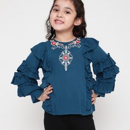 ISHTI Frill Sleeves & Floral Embroidered Top - Blue-image-98