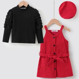 Kookie Kids Full Sleeves T-Shirt With Solid Colored Pinafore Dress - Black & Red-image-12