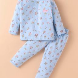 ToffyHouse Single Jersey Knit Full Sleeves Front Open Night Suit with Floral Print - Light Blue-image-17