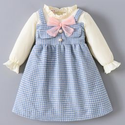 Kookie Kids Full Peasant Sleeves Checkered Frock With Bow Applique - Blue-image-13
