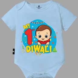 The Peppy Tend Diwali Theme 100% Cotton Half Sleeves My First Diwali Text Printed Onesie - Blue-picture-2