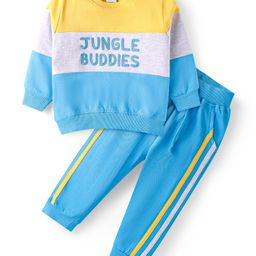 Babyhug Terry Knit Full Sleeves Cut & Sew T-Shirt with Text Embroidery & Taped Joggers -Blue & Yellow-image-104