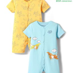 Babyoye 100% Cotton Knit Half Sleeves Eco Jiva Finish Rompers with Aeroplane Print Pack of 2 - Light Blue & Yellow-image-59