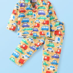 Babyhug Cotton Woven Full Sleeves Front Open Night Suit with Vehicle Print - Yellow-image-101