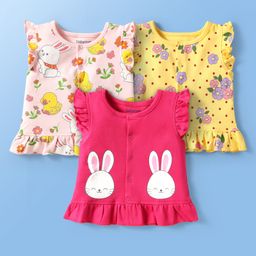 Babyoye 100% Cotton Interlock Knit Frill Sleeves Jhablas With Eco Jiva Finish & Floral Print Pack Of 3 - Red Yellow & Pink-image-98
