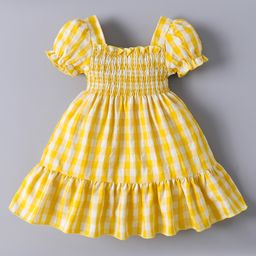 Mark & Mia Cotton Half Puffed Sleeves Checkered Frock with Smocking - Yellow-image-3