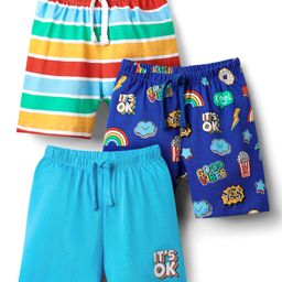 Babyhug Cotton Single Jersey Knit Shorts With Stripes & Rainbow Print Pack Of 3 - Light Blue Navy Blue & Yellow-image-71