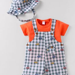 WOW Clothes Interlock Knit Checks Dungaree & Half Sleeves T-Shirt With Car Print & Cap - Olive Green Light Grey & Orange-16
