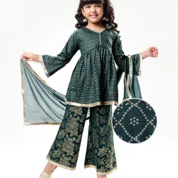 EARTHY TOUCH Single Jersey Full Sleeves Foil Printed Kurta & Salwar Set with Dupatta - Dark Green-picture-35