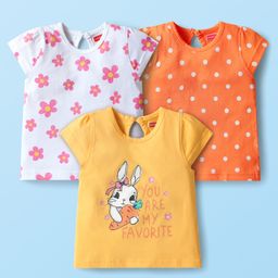 Babyhug Cotton Knit Half Sleeves T-Shirt with Floral Polka Dots & Bunny Print Pack of 3 - Orange White & Yellow-image-91
