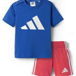 Adidas Kids Cotton Knit Half Sleeves T-Shirt & Shorts With Logo Print - Blue & Red-image-63