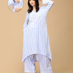 The Mom Store Cotton Full Sleeves Striped Maternity Kurta & Coordinating Pajama Set With Nursing Access - White-image-69