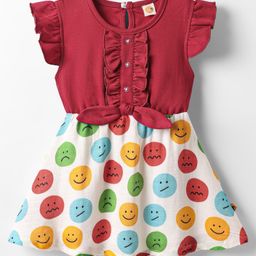 Dew Drops Cotton Woven Frill Sleeves Frock With Smiley Print - Red-image-61
