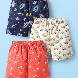 Babyhug Cotton Woven Boxers With Vehicle & Space Theme Print Pack Of 3 - Red Navy Blue & White-image-53