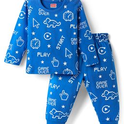 Babyhug Cotton Knit Full Sleeves Night Suit with Text Print - Blue-image-22