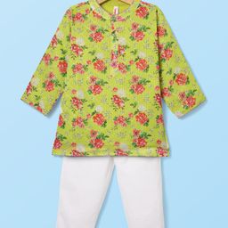Babyhug Woven Mandarin Collar Full Length Kurta Pajama Set With Floral Print - Green-image-109