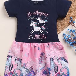Little Marine Cotton Blend Knit Half Sleeves Be Magical Text & Unicorns Printed Dress - Navy Blue & Pink-image-99
