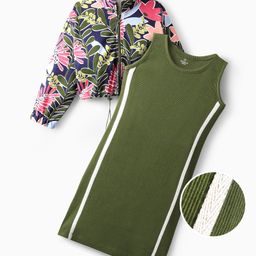 OLLINGTON ST. Cotton Rib Knit Dress & Full Sleeves Floral Jacket - Olive Green & Navy Blue-image-102
