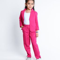 Ministitch Cotton Woven Three Fourth Sleeves Solid Blazer With Camisole & Coordinating Pant Set - Pink-image-77