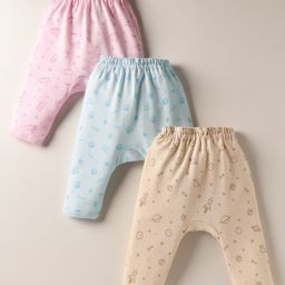 Simply Interlock Knit Diaper Leggings with Dino & Space Print Pack of 3 - Sky Blue Beige & Pink-image-54