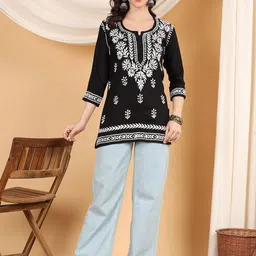 Poshak Chikan Studio Women Embroidered Short Straight Chikankari Kurti-image-13