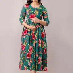 Charnest Women Floral Printed Mirror Work Maternity Anarkali Kurta-image-0