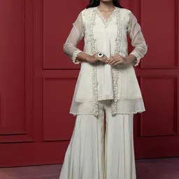GloballyRonakRBafna Embellished V Neck Top & Palazzo With Jacket Co-Ords-picture-10