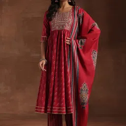 Libas Floral Printed Pleated Anarkali Kurta with Trousers & Dupatta-picture-48