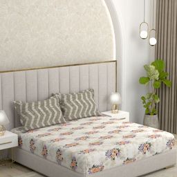 Pure Decor White & Orange Floral 200 TC Queen Bedsheet with 2 Pillow Covers-picture-38