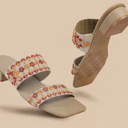 Metro Women Floral Woven Design Open Toe Block Sandals-34