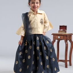 Babyhug Three Fourth Sleeves Shirt Style Choli with Embroidered Lehenga - Beige & Navy-picture-36