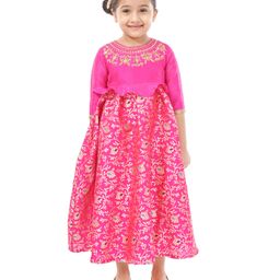 Babyhug Three Fourth Sleeves Long Dress Floral Embroidery - Pink-picture-18
