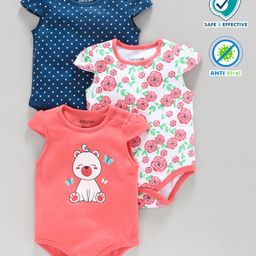 Babyoye Anti Bacterial Cap Sleeves Printed Onesie Pack of 3 - Blue Peach-image-2