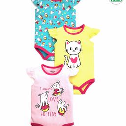 Babyoye Cap Sleeves Cotton Printed Onesies Pack of 3 - Baby Pink Yellow Blue-image-16