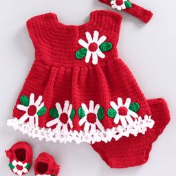 USHA ENTERPRISES Sleeveless Sunflower Design Dress With Bloomer Headband & Booties - Red-image-97