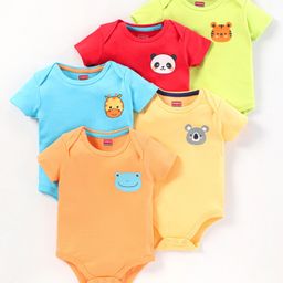 Babyhug Half Sleeves 100% Cotton Onesies Animal Print Pack of 5 - Red Orange Yellow Green Blue-picture-49