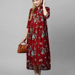 MomToBe Three Fourth Sleeves Flower Print Maternity Dress -  Maroon-image-43