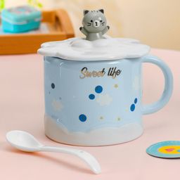 Ceramic Mug With Spoon & Lid 370 ml (Print & Colour May Vary)-image-33