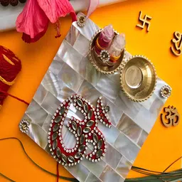 HOMEARTE White Square Shape Om Pooja Platter With Roli Chawal Pot-image-39