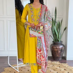 S.K.C Floral Yoke Design Tie-Up Neck Thread Work Straight Kurta With Trousers & Dupatta-picture-16