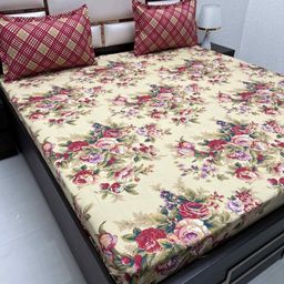 Pure Decor Beige & Red Floral 300 TC King Bedsheet with 2 Pillow Covers-image-44