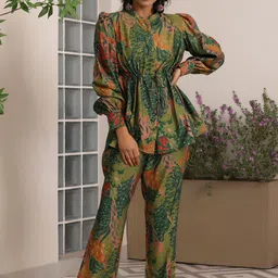Libas Floral Printed Cinched Waist Top With Trousers-image-15