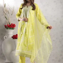 KALINI Floral Printed Notch Neck Sequinned Straight Kurta With Trousers & Dupatta-picture-5