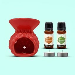 PEEPALCOMM 5Pcs Red Textured Ceramic T-light Aroma Diffuser With Oils - 15 ml Each-image-32
