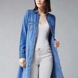 DOLCE CRUDO Women Washed Striped Longline Denim Jacket with Patchwork-image-67