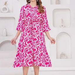 SARAI CREATIONS Women Printed Belted Fit and Flare Midi Dress-image-86